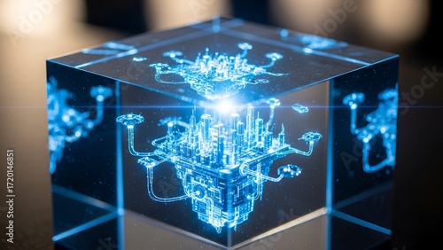 Stunning holographic futuristic city model glows with vibrant blue digital energy inside a clear crystal cube