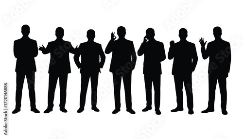 A group of businessmen in suits standing together in a line displaying various poses and gestures silhouette