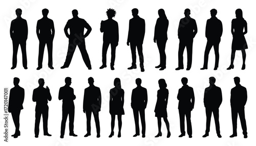 Collection of diverse business people silhouettes standing in various poses and attire silhouette
