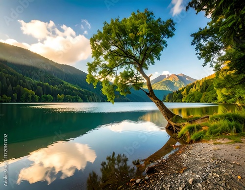 Serene lake scene with a leaning tree