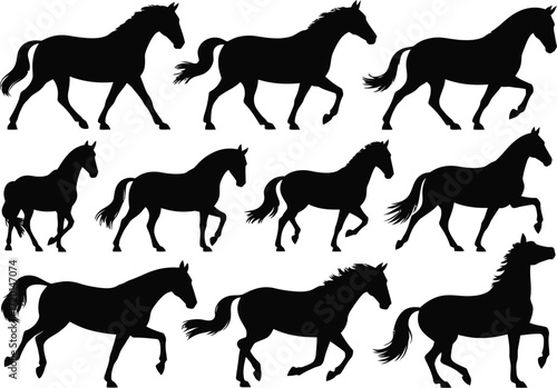 A collection of dynamic horse silhouettes in motion against a textured background