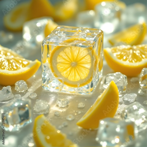 Refreshing Lemon Slices Frozen Inside Crystal Clear Ice Cubes with Droplets of Water and Shards of Ice Scattered Around a Bright and Sunny Scene