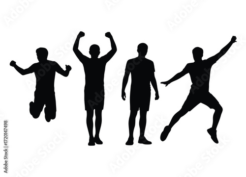 Four energetic male figures captured in dynamic poses showcasing joy and movement in a striking silhouette
