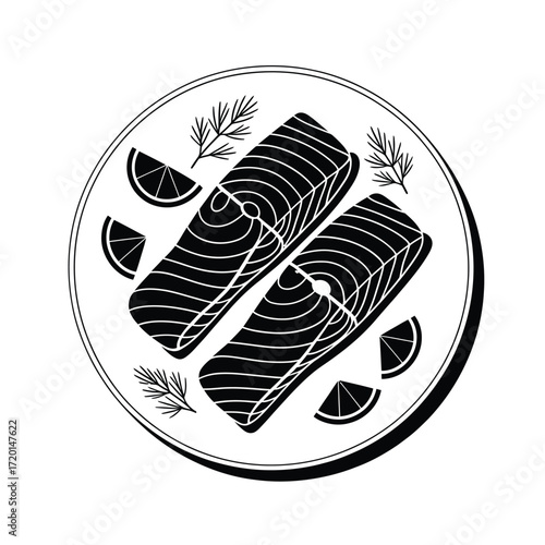 Artistic illustration of two salmon fillets with lemon slices and dill
