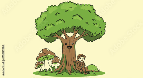 Happy Illustration of a Cartoon Tree and its Mushroom Friends with a Character Relaxing Beneath
