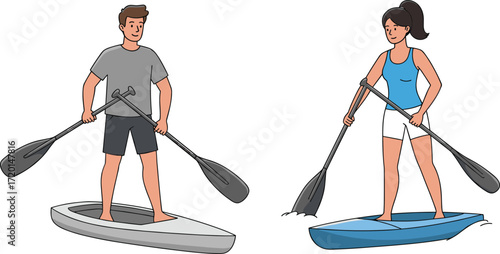 Cartoon paddleboarders, male and female, standing on boards, holding paddles, water sport activity, outdoor adventure, summer recreation, balance and coordination illustration