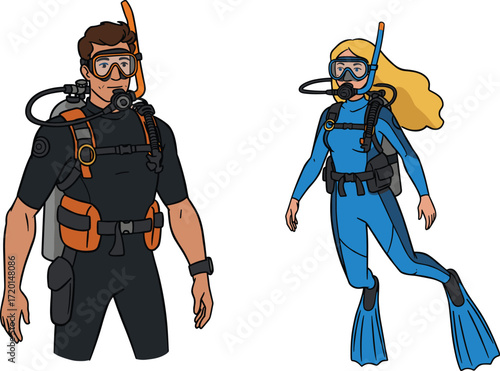 Cartoon scuba divers, male and female, full diving gear, wetsuits, snorkels, scuba tanks, underwater exploration, marine adventure, ocean sport illustration