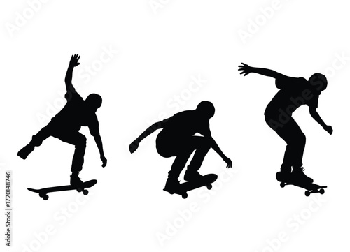 Three dynamic skateboarders performing tricks in mid air captured as stark black silhouettes against a clean white background silhouette