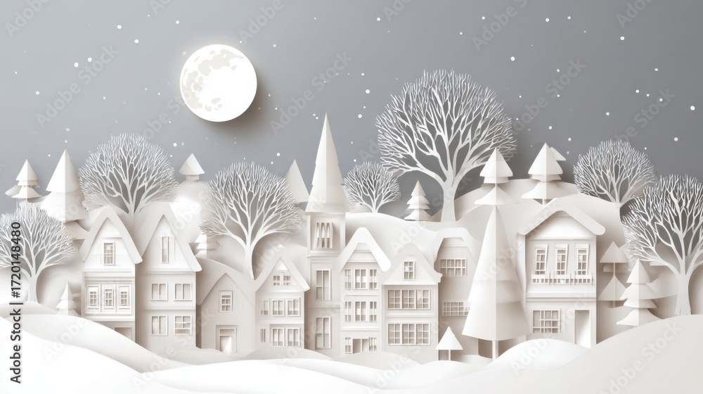 Fototapeta premium In a quiet village, delicate paper-cut houses and trees shimmer under the soft glow of a full moon, while snow blankets the landscape, creating a peaceful winter atmosphere.