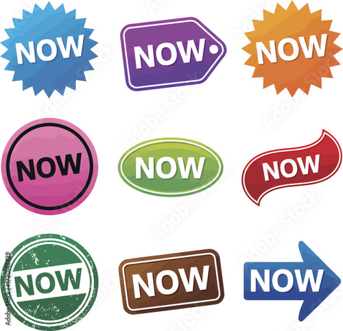 Nine Colorful 'NOW' Labels and Stickers Design Elements