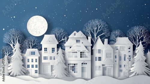Delicate paper art depicts a serene winter landscape featuring charming houses, tall trees dusted with snow, and a luminous full moon shining against a starry night.