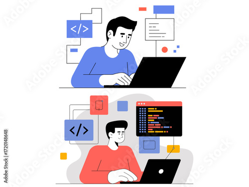 Dedicated programmers coding with laptops, developing innovative software solutions, creative web development, modern technology, programming languages
