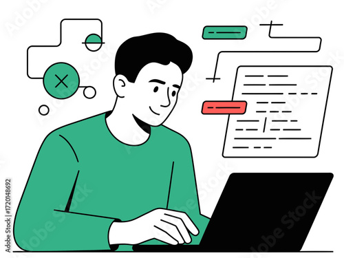Focused coder working on laptop programming interface, creating innovative software solutions for a tech startup with modern design and clean presentation
