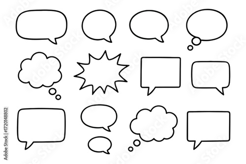 Collection of Various Speech Bubbles with Thought and Dialogue Shapes in Black Outline for Communication and Design
