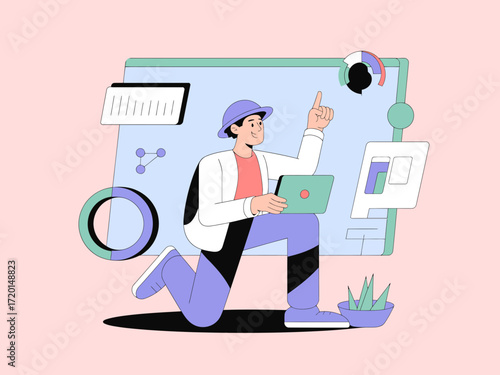 Dynamic digital marketing strategist analyzing data, modern design, innovative business solutions, creative technology, fresh startup concept, growth