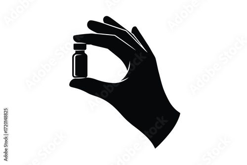 Black silhouette of a hand holding a small vial
