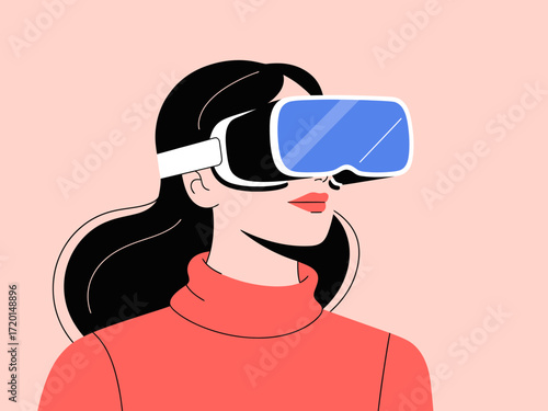 Immersive VR experience with a modern woman exploring virtual reality, envisioning future tech and digital worlds, a symbol of innovation and escapism