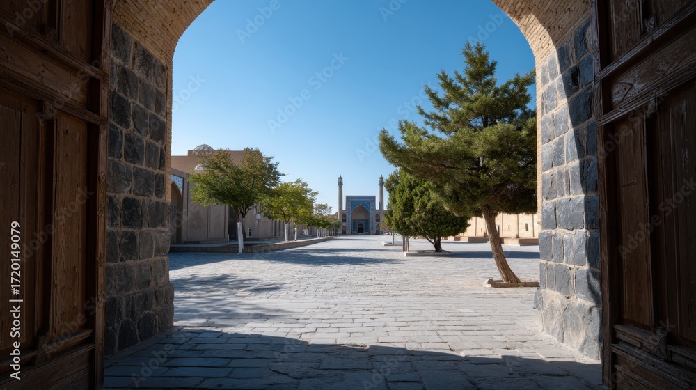 Obraz premium Overhead Shot of a Mosque Courtyard Surrounded by Trees and Stone Architecture