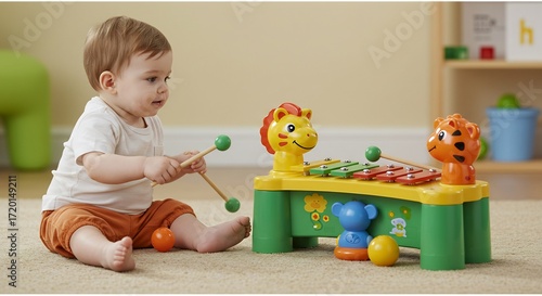 Happy baby joyfully plays colorful xylophone brightly lit playroom. AI Generated