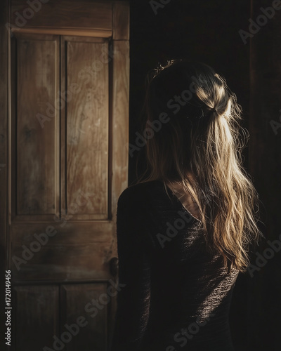 Woman standing in front of a closed wooden door