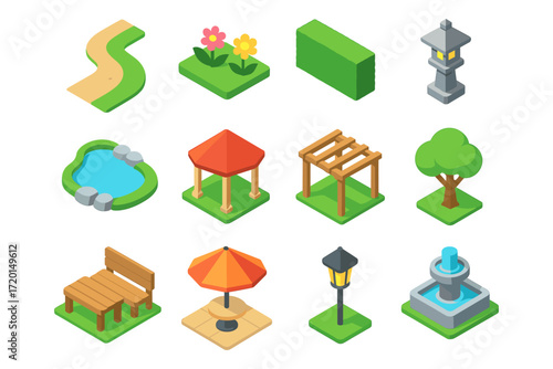 Isometric garden elements set with trees, bench, and pond for landscape design