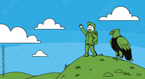 Vibrant vector illustration of a joyful explorer on a green hilltop, waving happily next to a proud eagle, symbolizing freedom, nature, and a successful outdoor journey