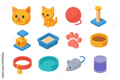 Colorful isometric cat icons set with toys, accessories, and food