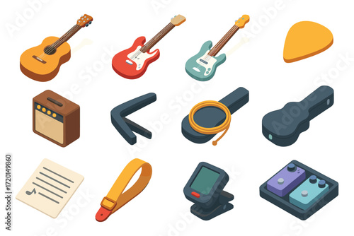 Isometric musical instruments and accessories collection featuring guitars and amplifier
