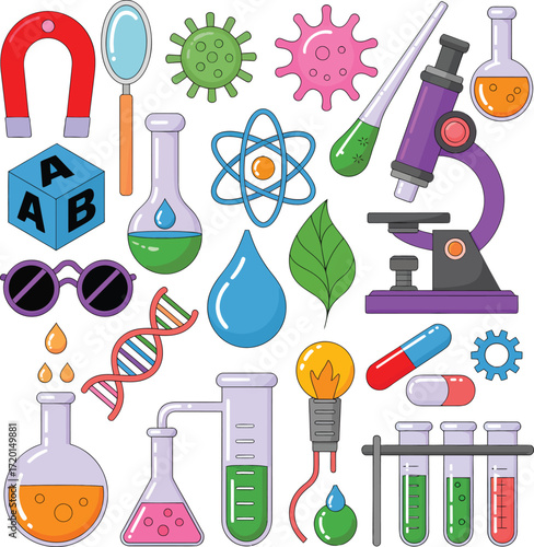 Vibrant Cartoon Science Icons Chemistry, Biology, Physics Illustrations