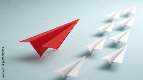 Free Download A vibrant red paper airplane stands out as it leads a formation of white counterparts, symbolizing leadership and direction. This playful composition inspires creativity and innovation in teamwork. - GFXLoad