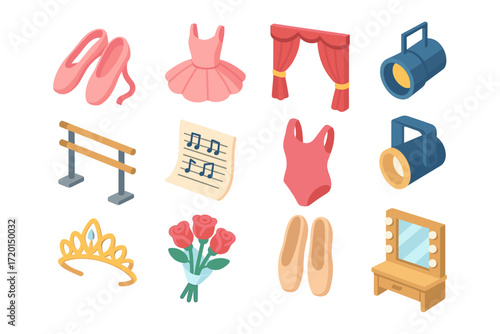 Isometric ballet icons set: shoes, tutu, stage curtains, spotlights, and more