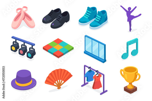 Isometric dance and theater elements with accessories, music notes, and performance icons