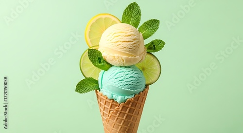 Refreshing ice cream cone with lemon, lime, and mint on a green background