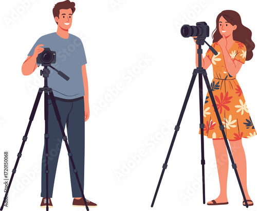 Cartoon photographers, male and female, using DSLR cameras on tripods, photography scene, professional equipment, photo shoot, creative work, visual art illustration