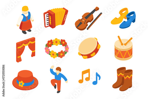Isometric folk festival icons: musical instruments and traditional clothing