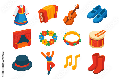 Traditional folk music and dance icons set in colorful isometric style