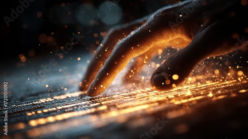glowing fingers touch ancient text