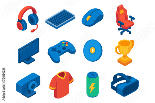 Colorful isometric icons of technology and gaming gadgets