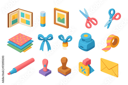 Colorful crafting tools set in isometric style for creative projects
