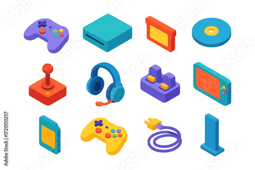 Colorful isometric gaming icons set featuring controllers, consoles, and accessories