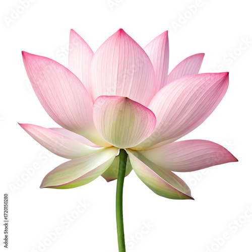 A delicate pink lotus flower with layered petals and a green stem isolated on a transparent background