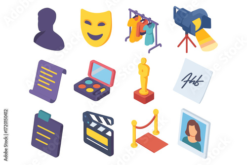 Entertainment icons set with theater masks, red carpet, camera, and makeup in isometric style