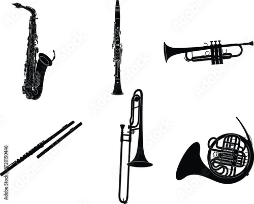 Wind instrument silhouette illustration set, black and white vector icons, saxophone, trumpet, flute, clarinet, trombone, French horn, music design