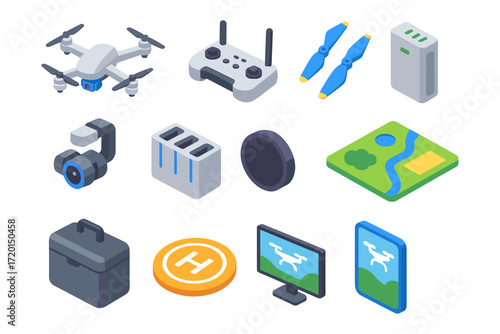 Isometric drone technology icons: controller, battery, propellers, and accessories collection