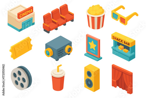Cinema elements in isometric design: popcorn, tickets, projector, and more