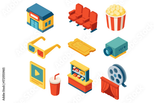 Isometric cinema icons set: movie theater, popcorn, 3d glasses, ticket, camera, film reel