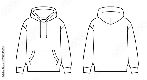 Vector illustration of hoodie in front and back views with minimal outline design. Clipart image isolated on background.
