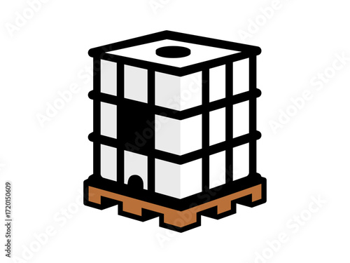 Isometric icon of industrial bulk container on wooden pallet for liquid storage and transportation. Clipart image isolated on background.