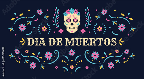 Festive “Día de los Muertos” vector design with a sugar skull, cempasúchil, and flowers. Bright pink, yellow, and blue details honor the dead and showcase Mexican culture and holiday spirit. Ispanico.