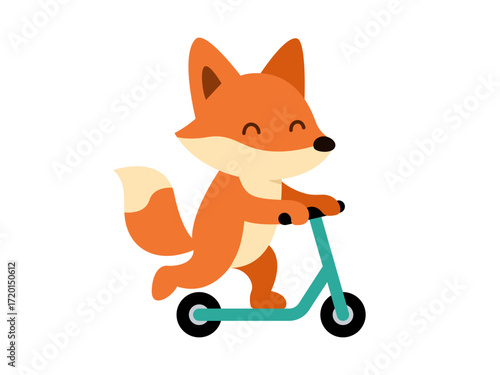 Cute cartoon fox riding blue scooter. Clipart image.
